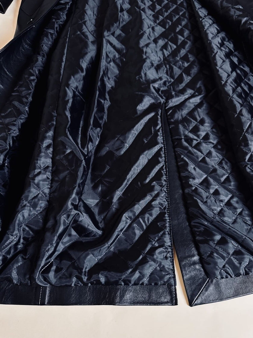 Maxi cappotto vintage in pelle nera Real Leather con fodera matelassé