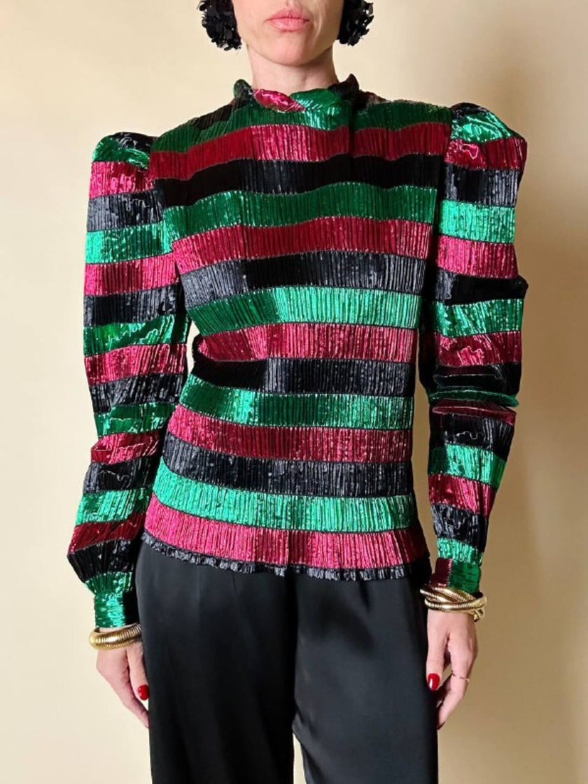 Blusa in lamé goffrato a righe orizzontali multicolor