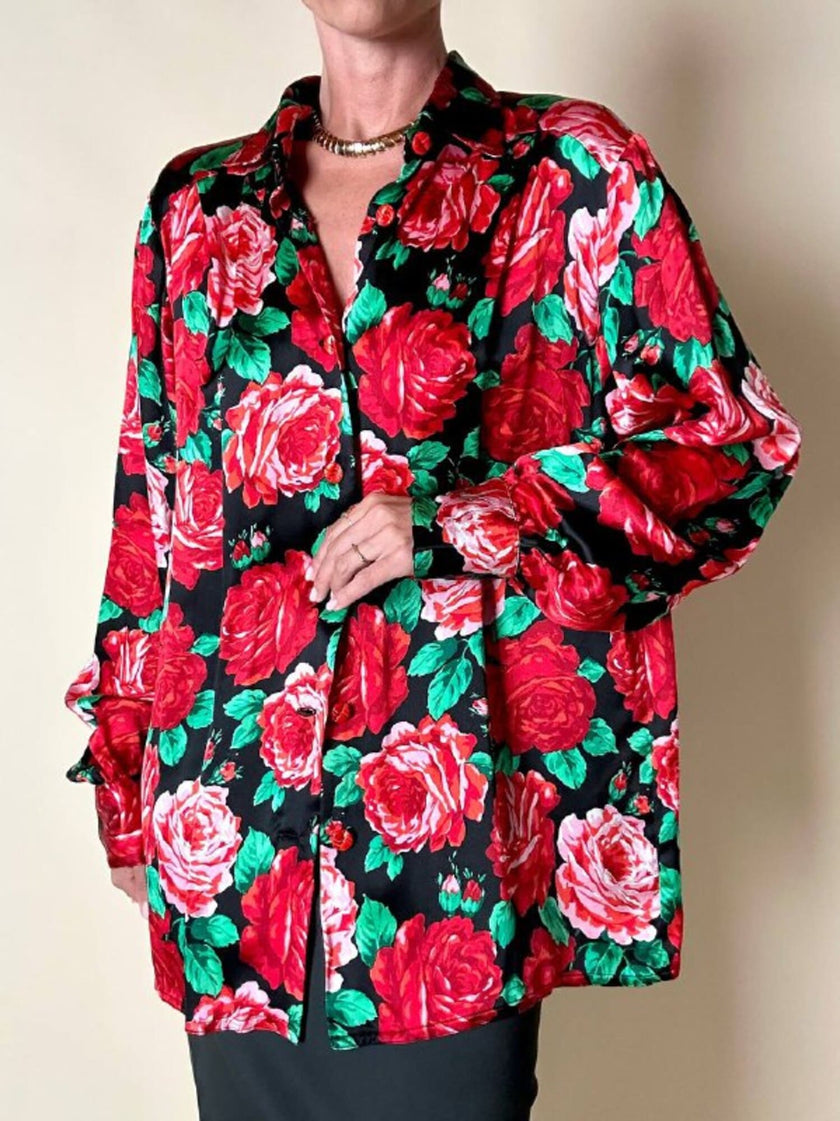 Camicia satroriale in raso di seta fantasia rose rosse