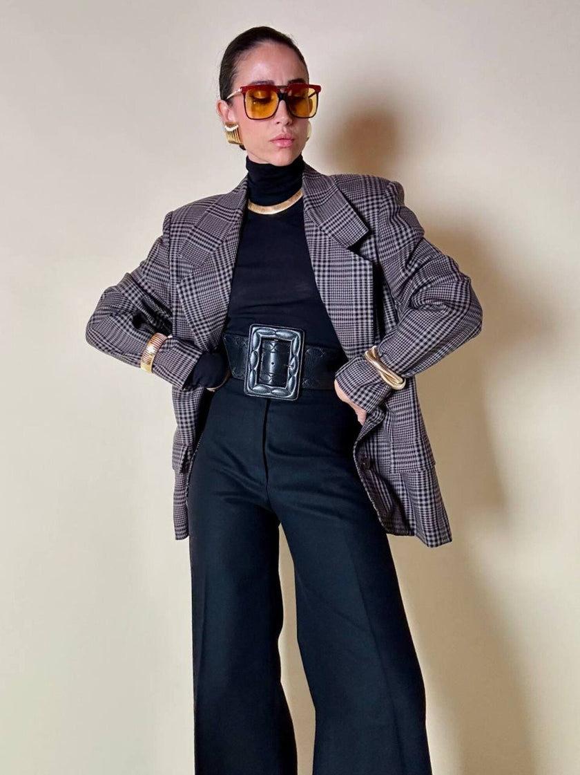 Blazer sartoriale in rasato di lana principe di Galles fango e nero