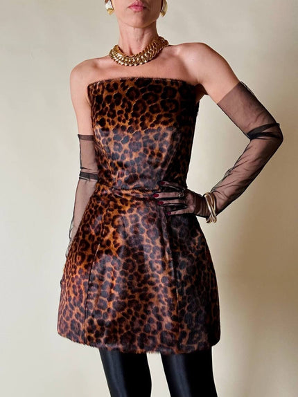 Mini abito con gonna a palloncino in cavallino leopardato