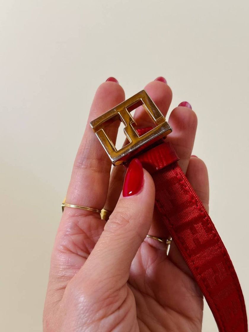 Cintura rossa in tessuto Jaquard con fibbia logo dorata “Fendi”