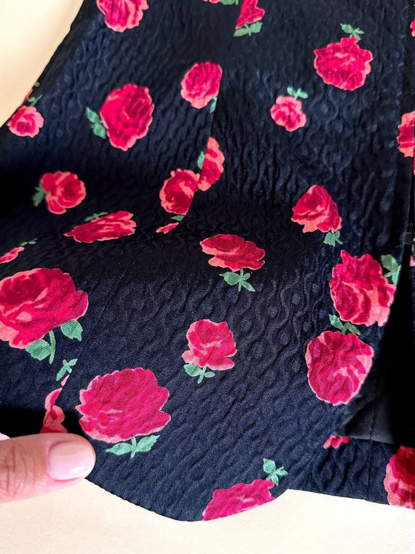 Bustier nero fantasia rose rosse in seta operata “Rena Lange”