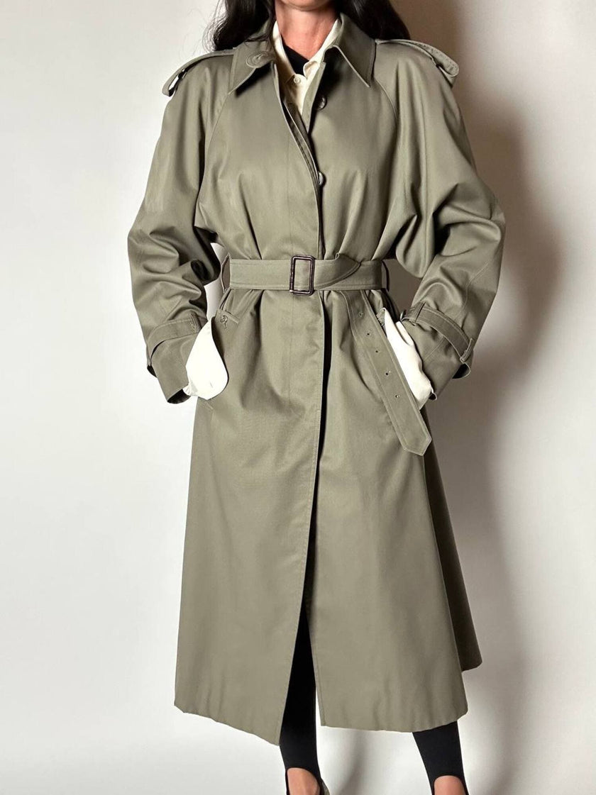 Vintage Aquascutum trench coat in khaki green gabardine with matching belt
