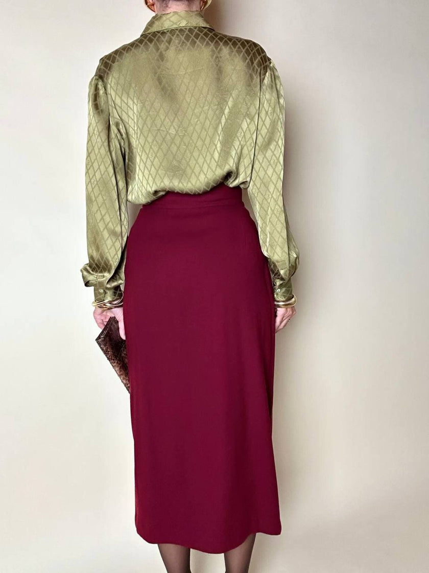 Camicia in seta jacquard verde oliva con motivo a losanghe