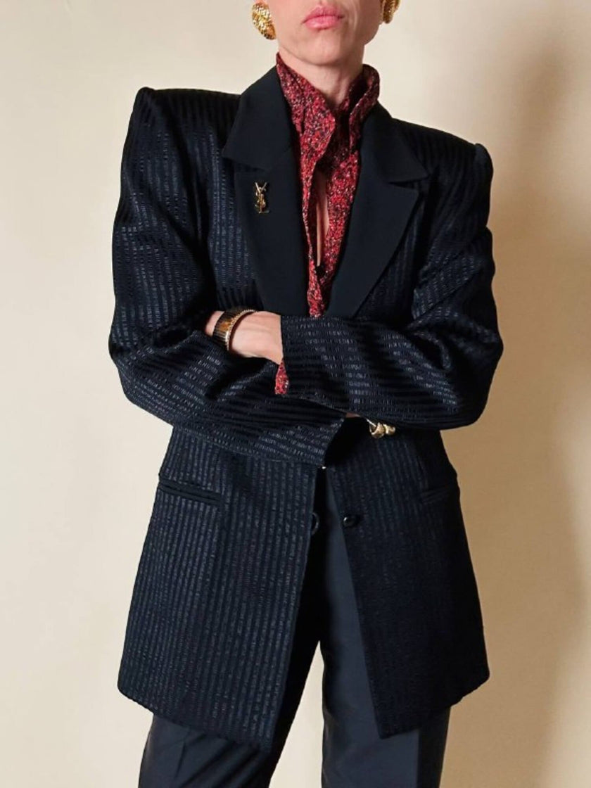 Blazer nero a righe in tessuto lucido “State off Claude Montana”