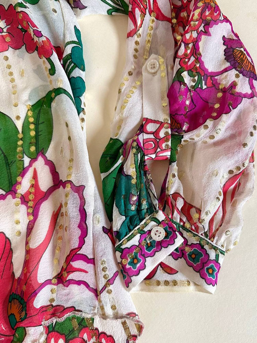 Blusa in seta bianca Jacquard fantasia floreale multicolor “Hale Bob”
