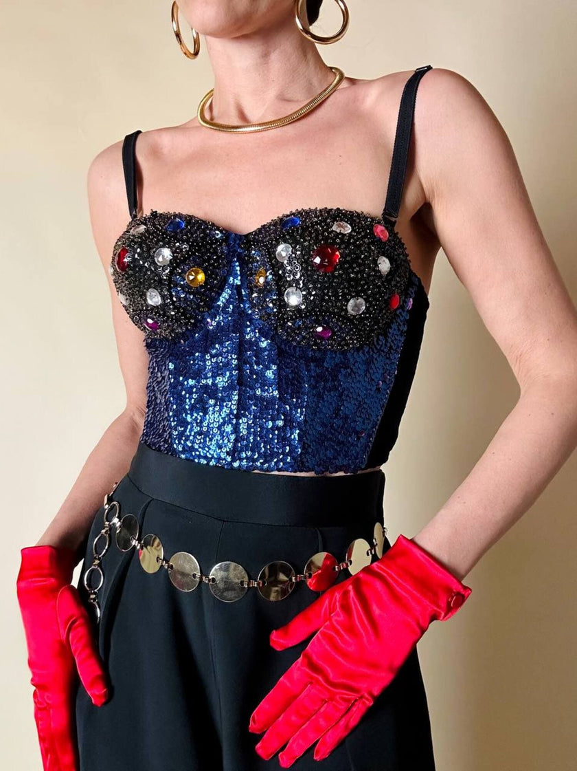 Bustier ricamato in paillettes bluette e strass multicolor