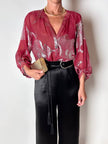 Blusa vintage Hale Bob in chiffon bordeaux fantasia floreale in lamé argento