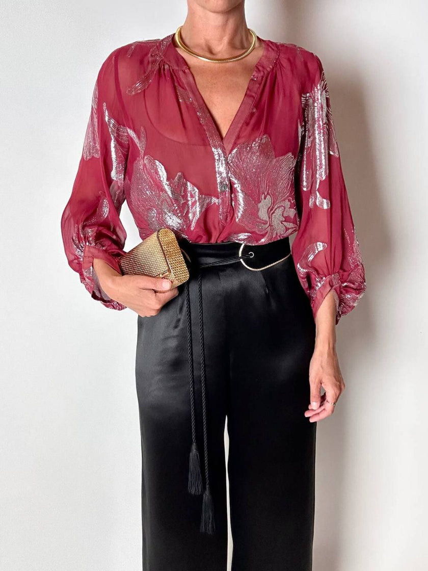 Blusa vintage Hale Bob in chiffon bordeaux fantasia floreale in lamé argento