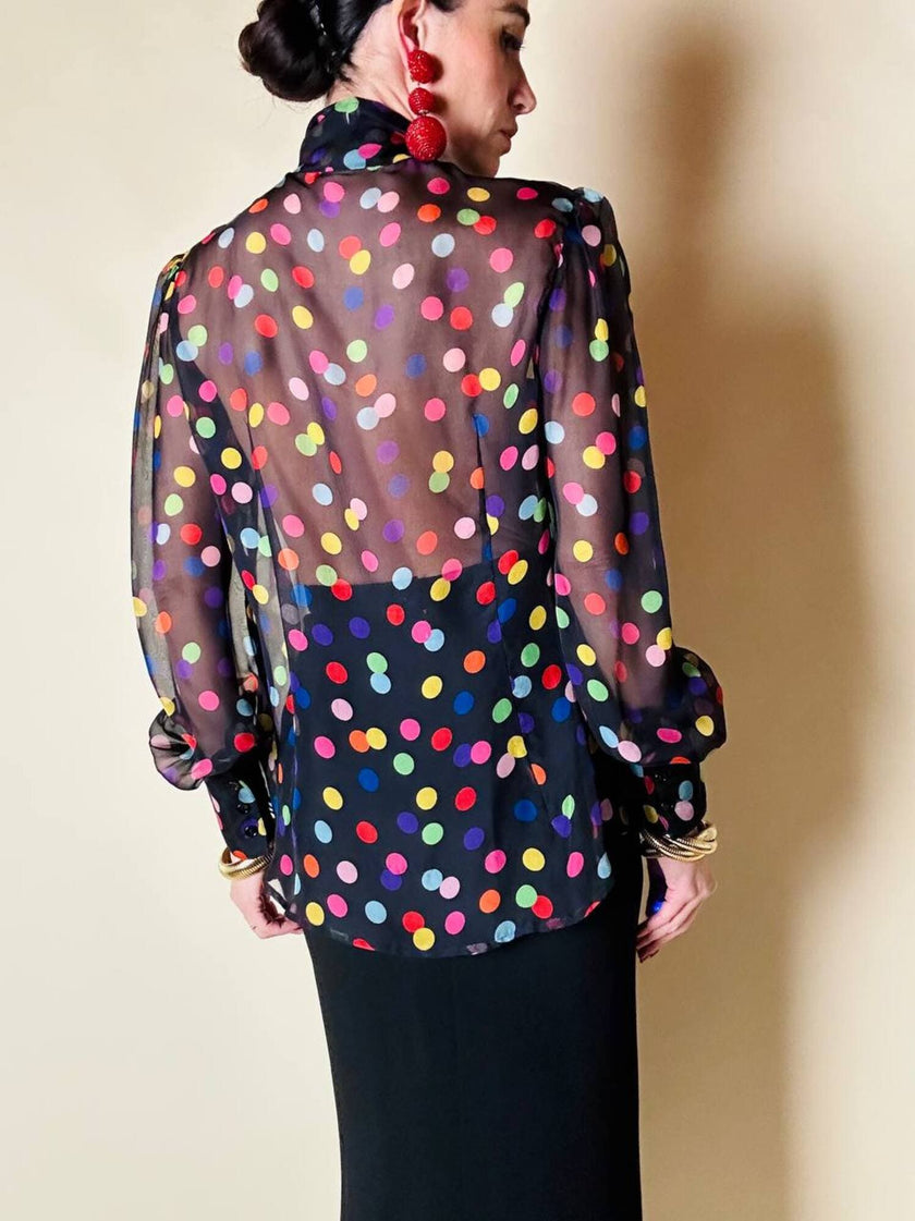 Camicia con fiocco in chiffon di seta nero a pois multicolor “D&G”