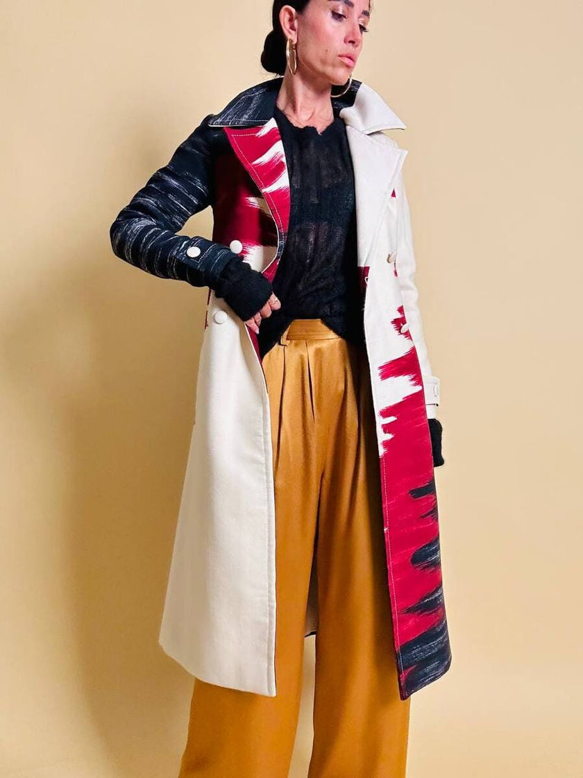 Cappotto redingote in lana fantasia astratta