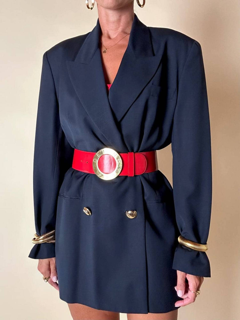 Cintura alta in pelle rossa con fibbia rotonda dorata “Celine”