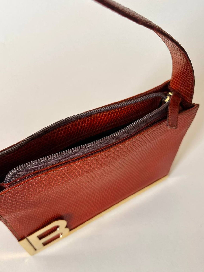 Borsa Laura Biagiotti in pelle stampa lizard color cognac con iniziali BL