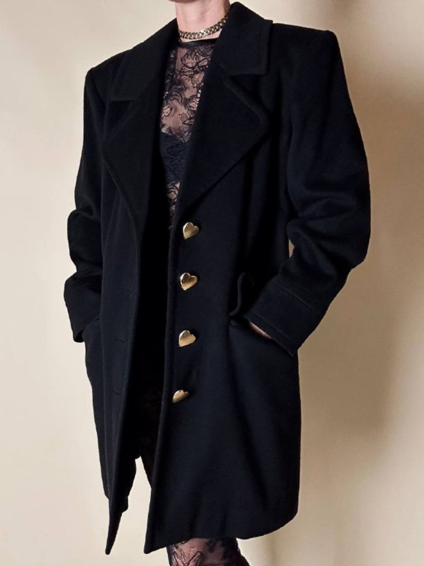 Vintage-Kurzmantel von Yves Saint Laurent aus schwarzer Wolle mit herzförmigen goldenen Knöpfen