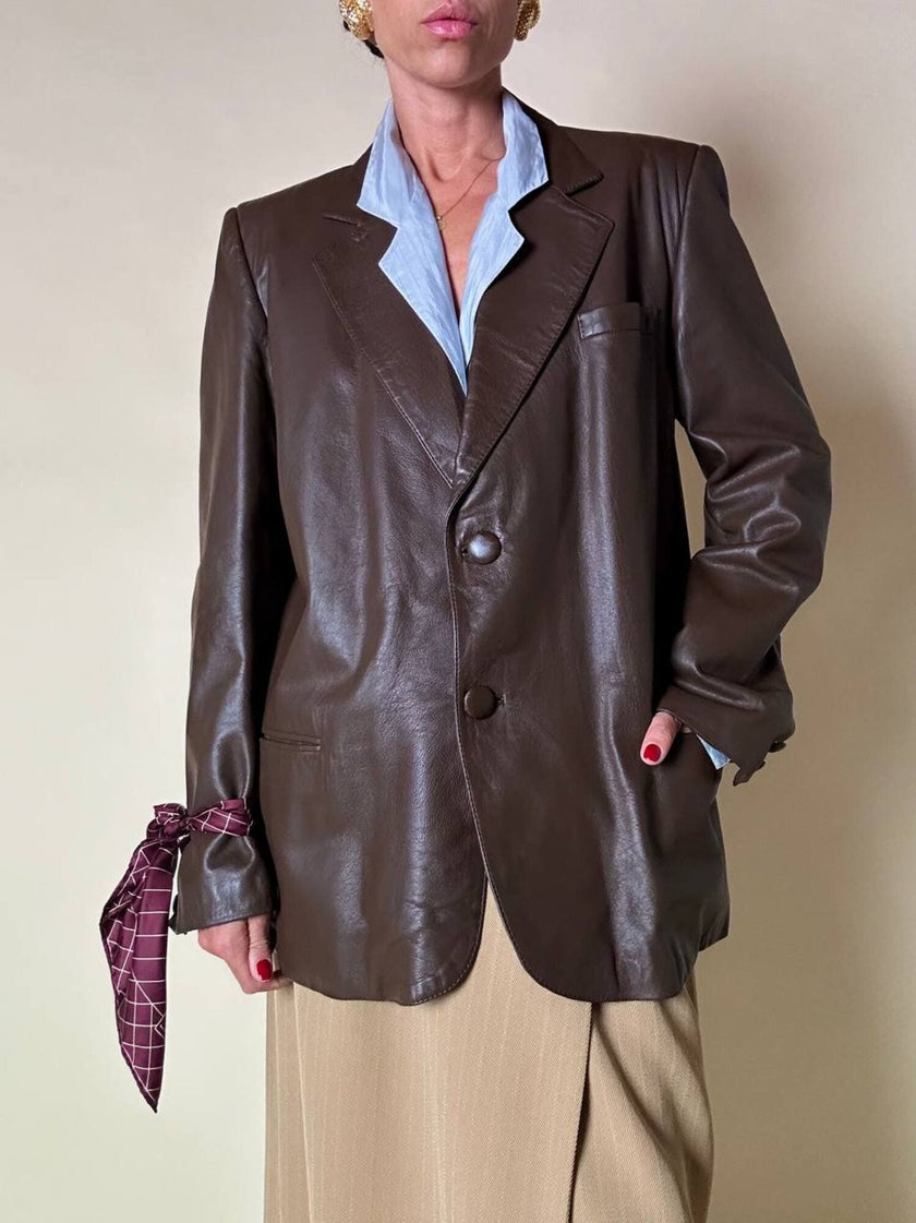 Blazer oversize in pelle color cioccolato