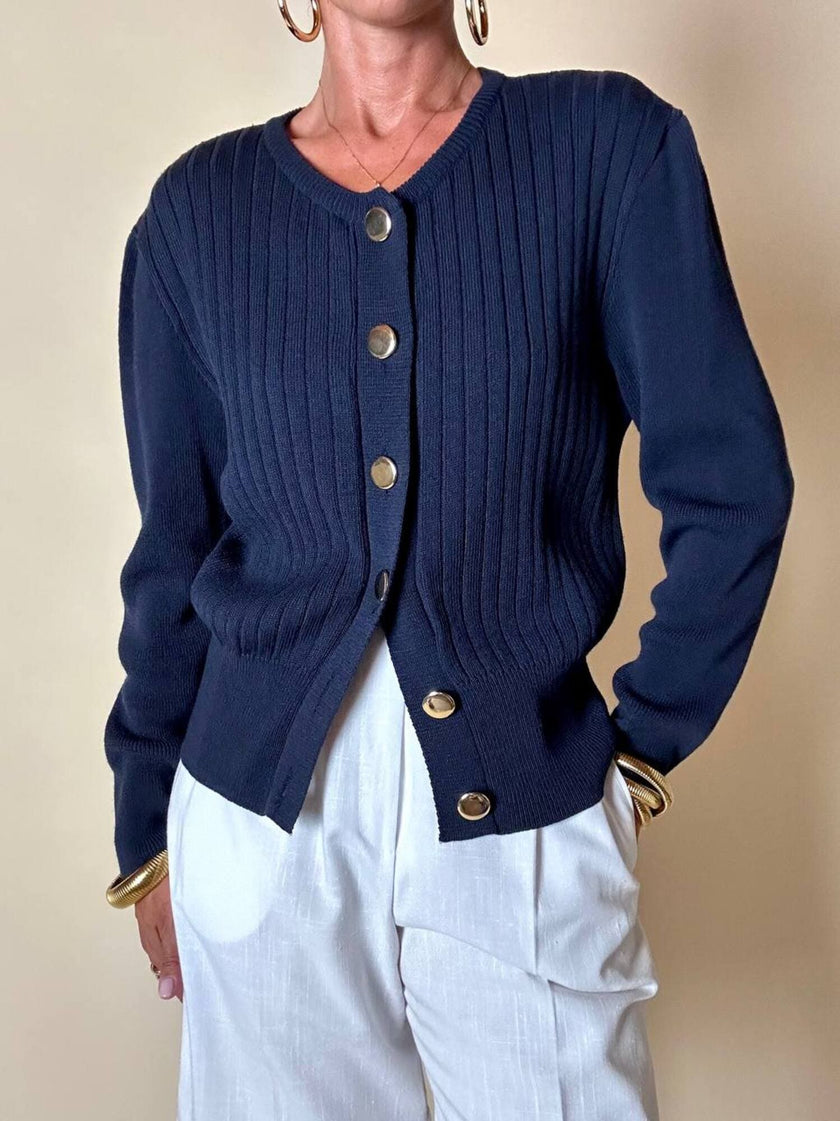 Cardigan Yves Saint Laurent blu navy con bottoni dorati a specchio