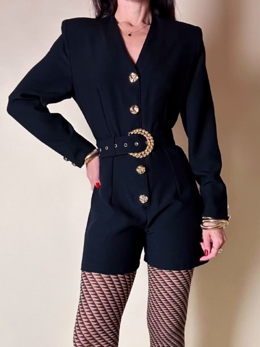Mini Jumpsuit nera in rasato di lana con bottoni gioiello e cintura in coordinato
