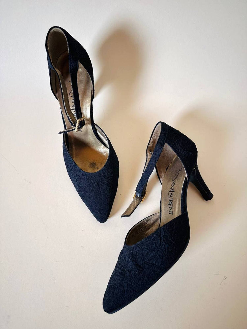 Scarpe in broccato nero con fibbie gioiello Yves Saint Laurent