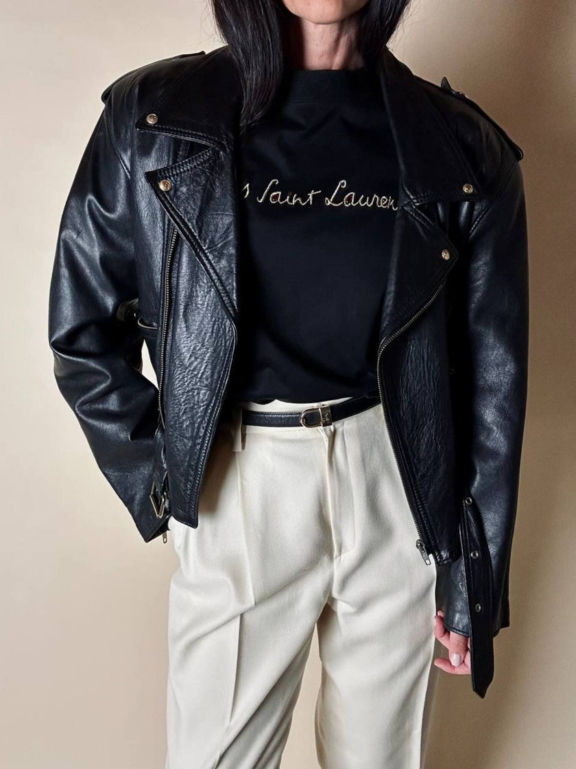 Maglia vintage Yves Saint Laurent in cotone nero con firma ricamata e bottoni dorati