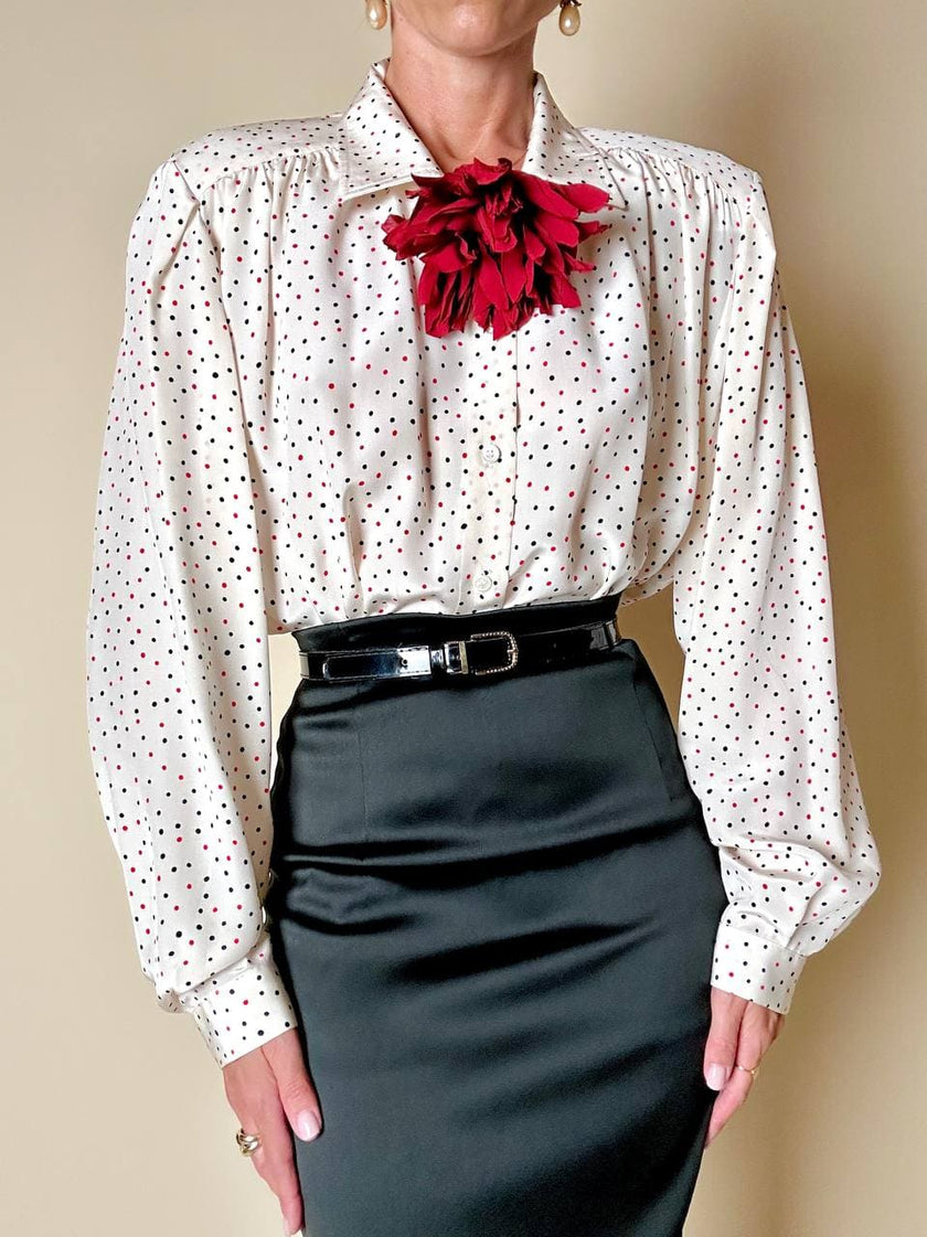 Camicia oversize in seta panna a pois rossi e neri “Corylady”
