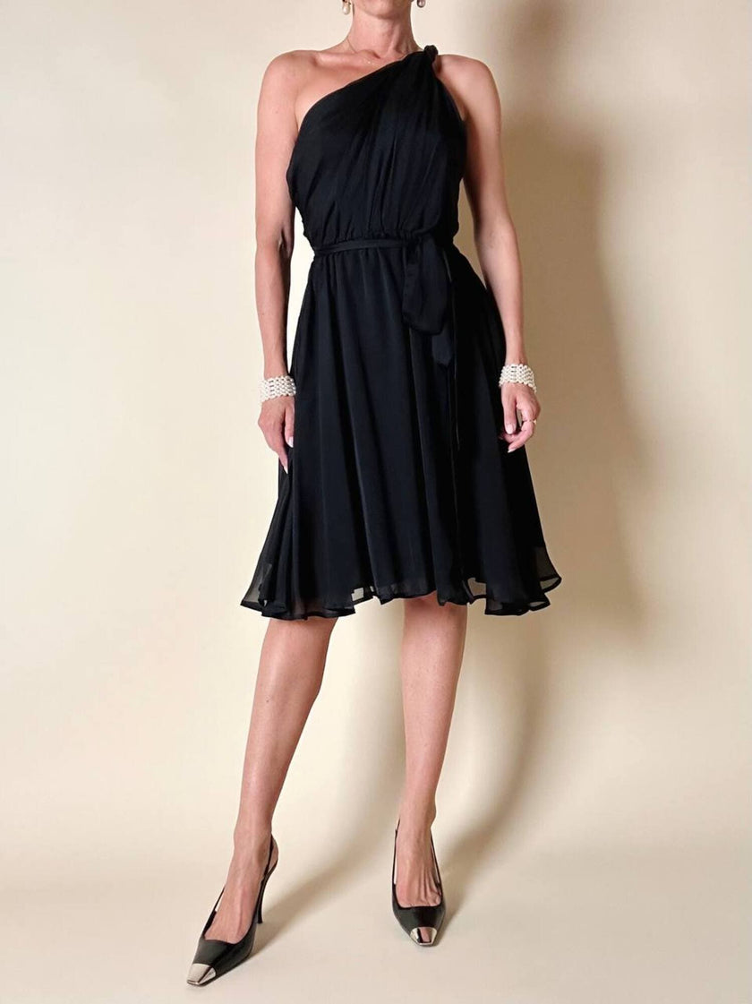 Abito mono spalla con gonna a ruota in voile di seta nero “MSGM”