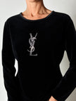 Maglia vintage Yves Saint Laurent Variation in ciniglia nera con logo YSL in strass