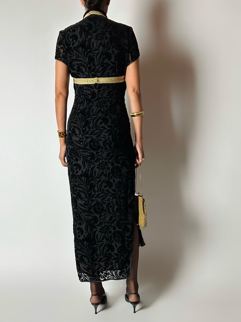 Abito qipao vintage in velluto di seta dévoré con alamari