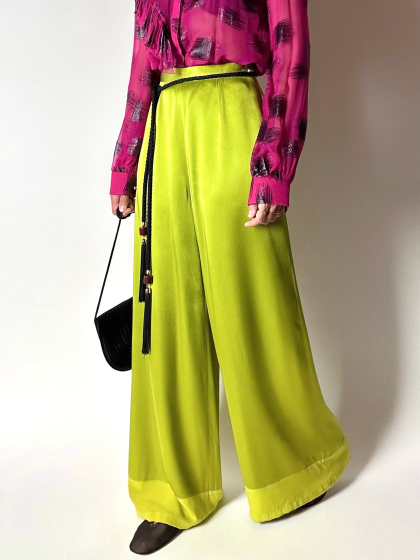 Pantalone vintage Guy Laroche Couture modello a palazzo in raso verde lime