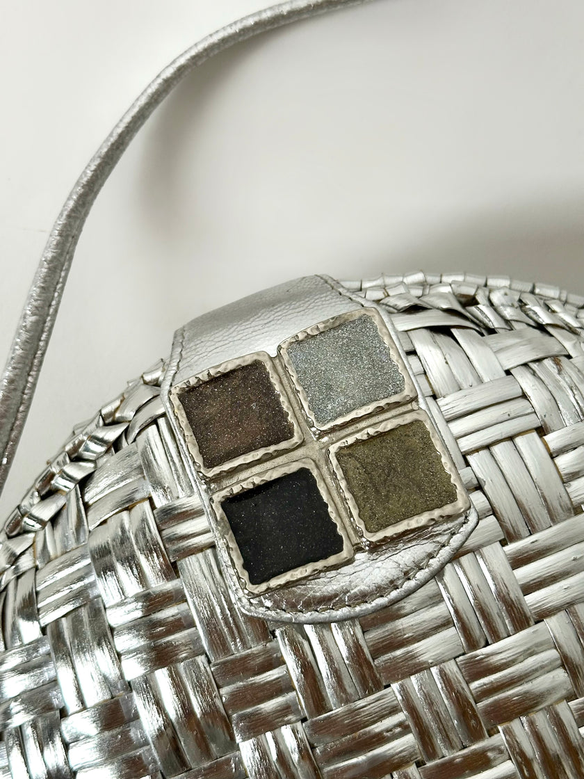 Borsa bandoulière vintage Rodo in midollino argento con chiusura gioiello