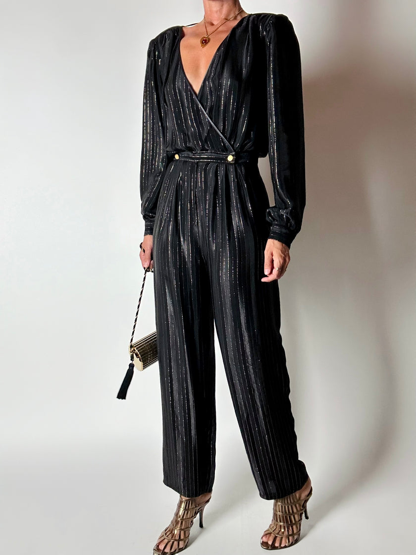 Jumpsuit vintage Yves Saint Laurent Rive Gauche nera con righe in lamé oro
