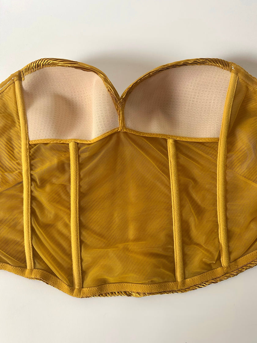 Bustier vintage La Perla in raso micro plissé ocra con scollo a cuore