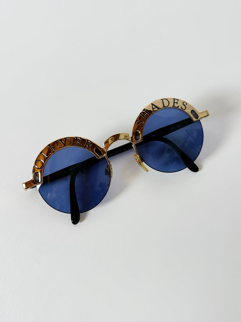 Occhiali da sole vintage Oliver Valentino con montatura gioiello dorata e lenti blu