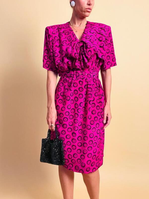 Abito bouganville con pattern nero a pois