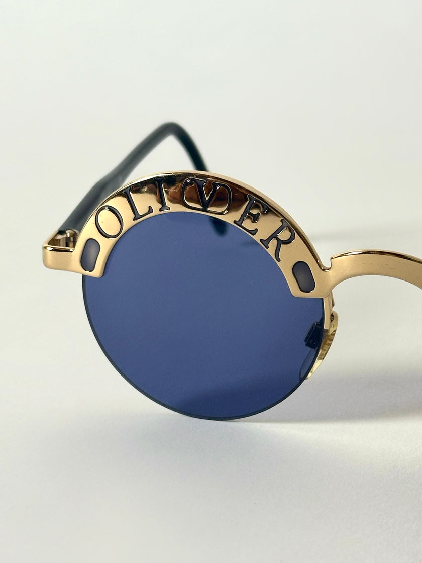 Occhiali da sole vintage Oliver Valentino con montatura gioiello dorata e lenti blu