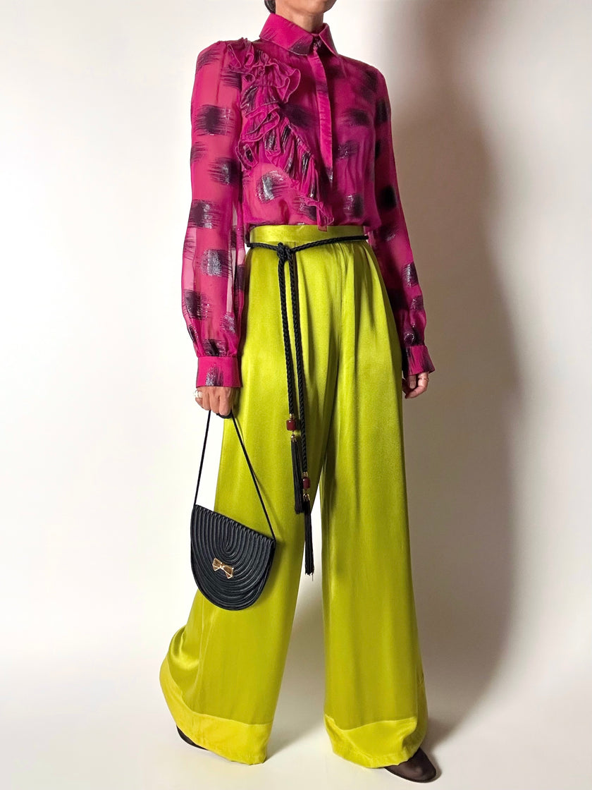Pantalone vintage Guy Laroche Couture modello a palazzo in raso verde lime