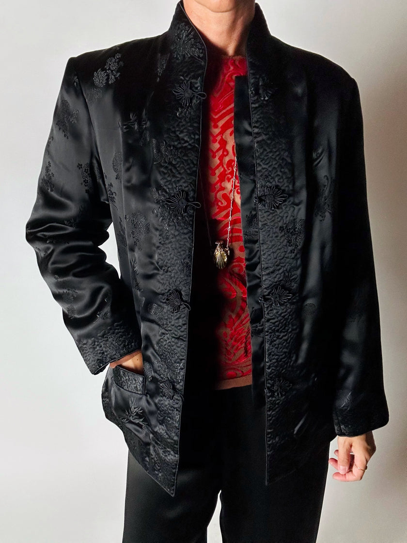 Giacca vintage tradizionale cinese in raso jacquard nero con alamari