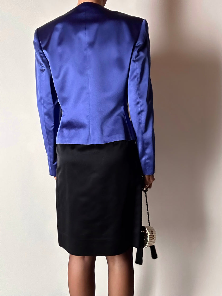 Vintage-Jacke von Yves Saint Laurent aus kobaltblauem Satin mit mehrfarbigen Schmuckknöpfen