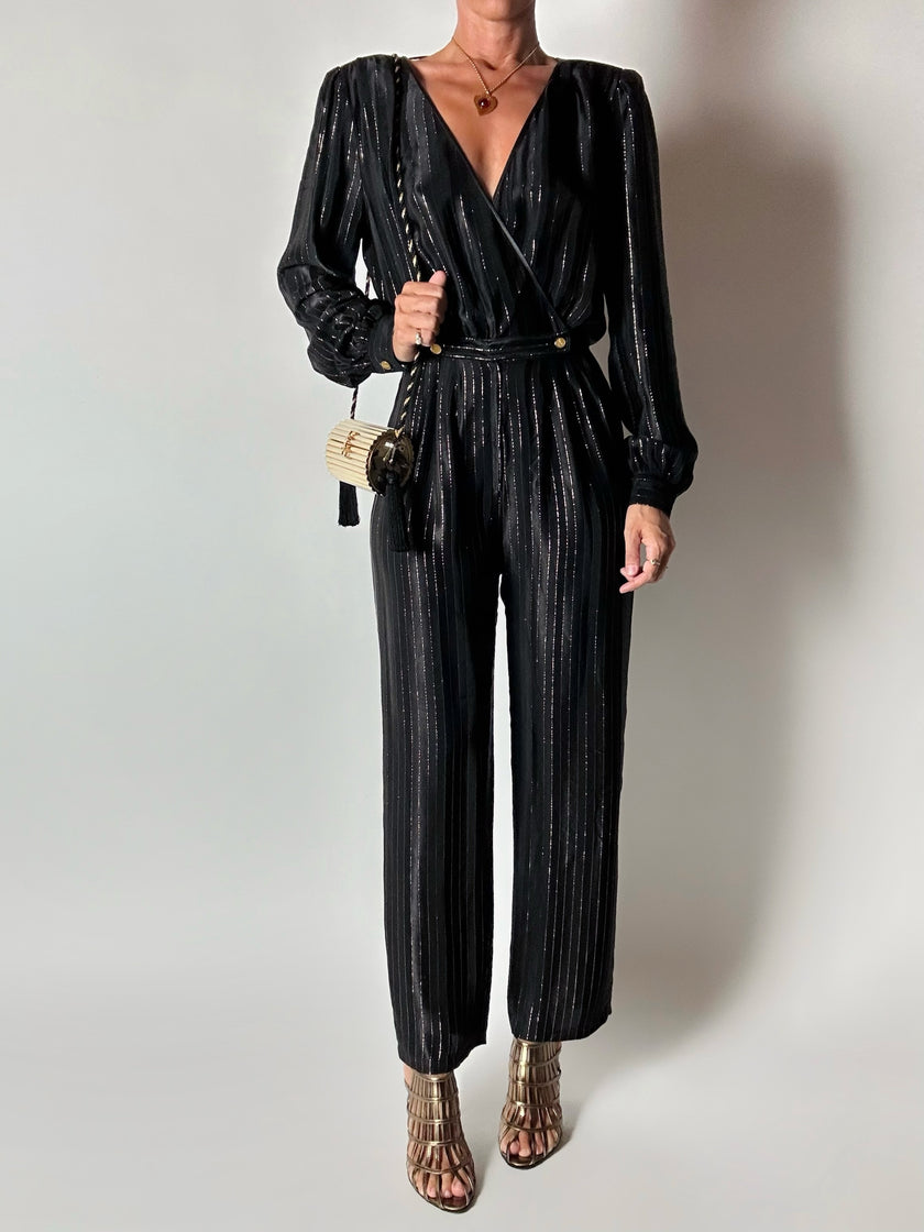 Jumpsuit vintage Yves Saint Laurent Rive Gauche nera con righe in lamé oro
