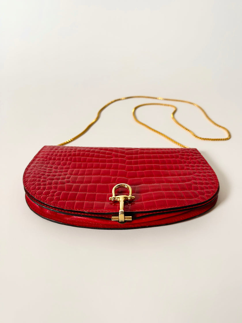 Borsa vintage in vernice rossa stampa coccodrillo con tracolla a catena dorata