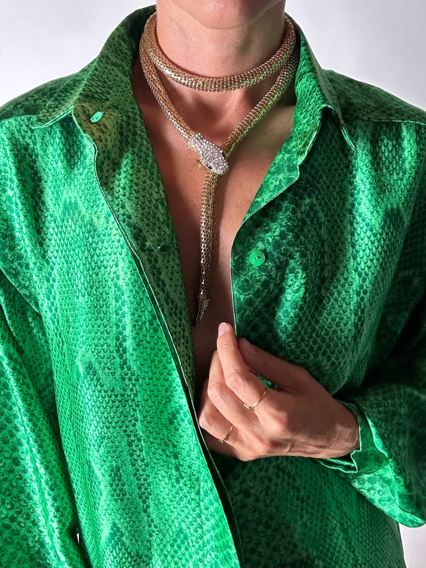 Collana/cintura gioiello vintage a forma di serpente in maglia metallica dorata con strass