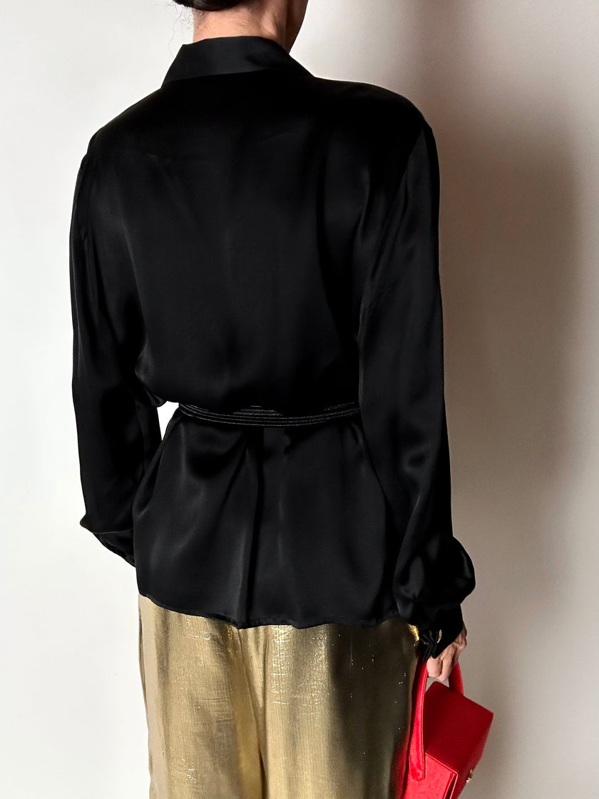 Camicia vintage Padovanelle in raso di seta nero con bottoni gioiello dorati