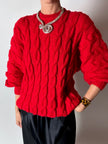 Maglione vintage fatto a mano in lana rossa con maxi trecce a rilievo
