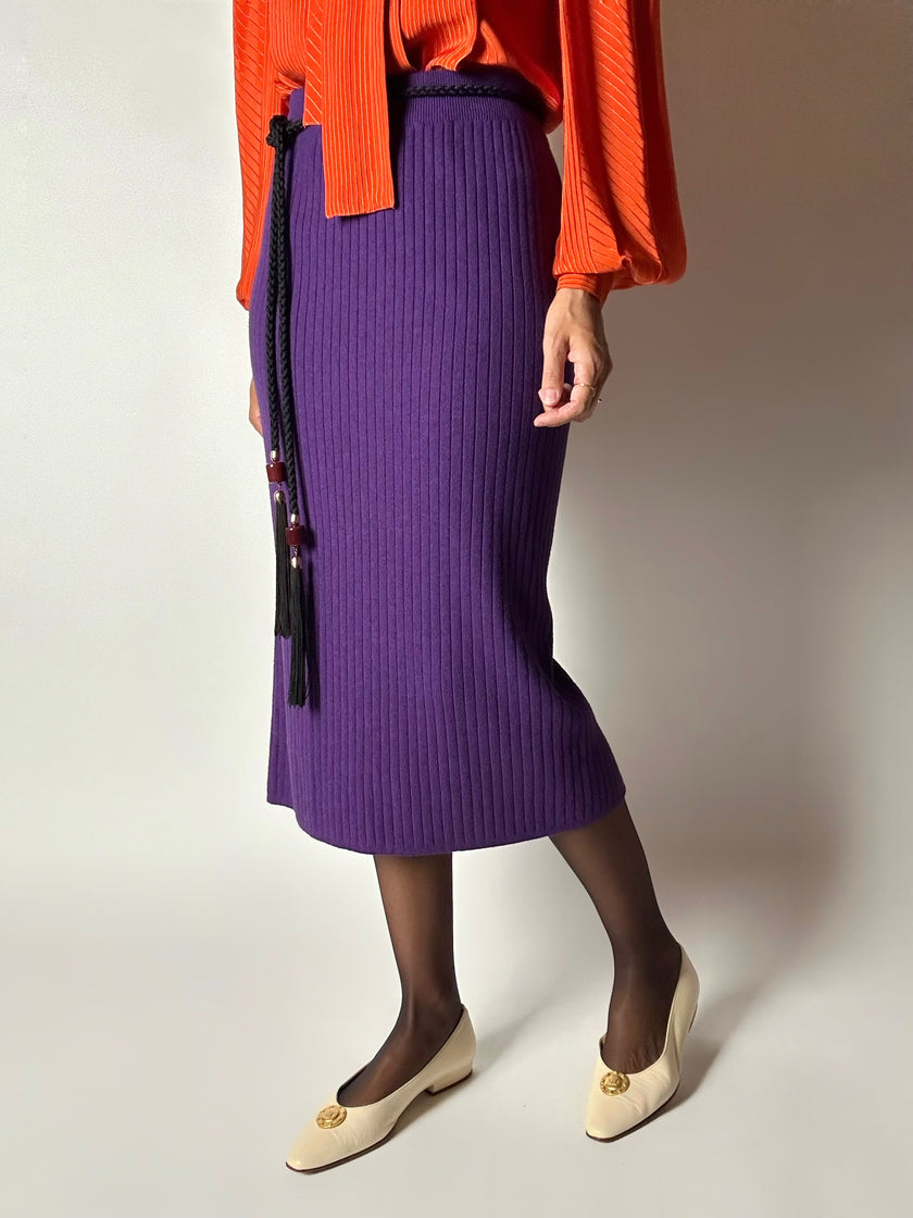 Gonna longuette Letizia De Meo in maglia viola a coste
