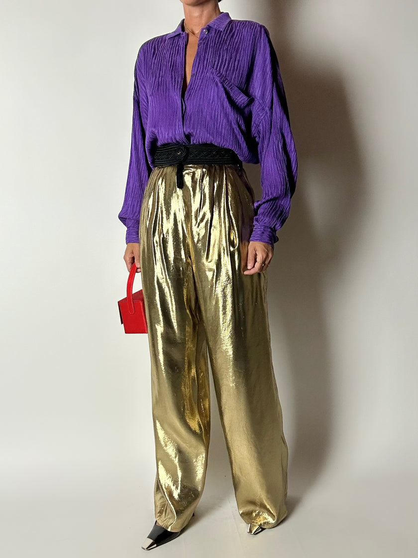 Camicia vintage Gianni Versace in seta goffrata viola con maxi tasca