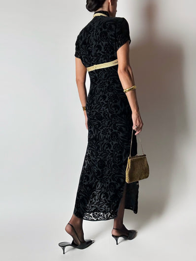 Abito qipao vintage in velluto di seta dévoré con alamari