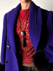 Cappotto vintage blu violaceo in lana con polsi in pelliccia di volpe nera