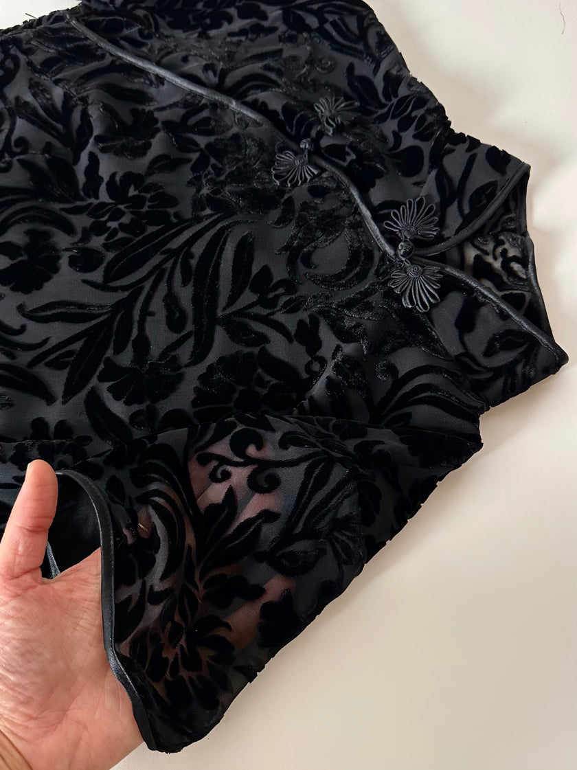 Abito qipao vintage in velluto di seta dévoré con alamari