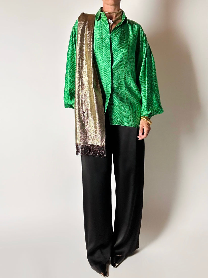 Camicia vintage sartoriale in raso di seta stampa pitone verde smeraldo