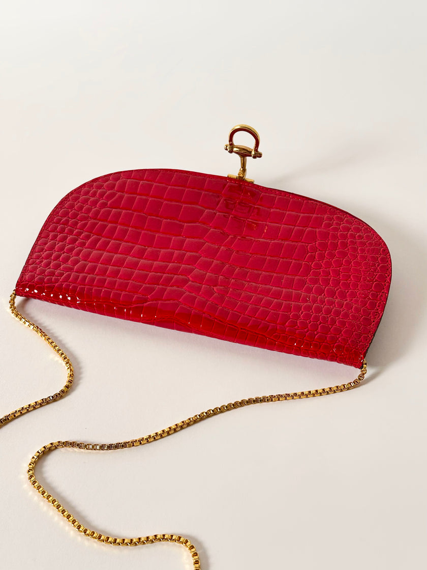 Borsa vintage in vernice rossa stampa coccodrillo con tracolla a catena dorata